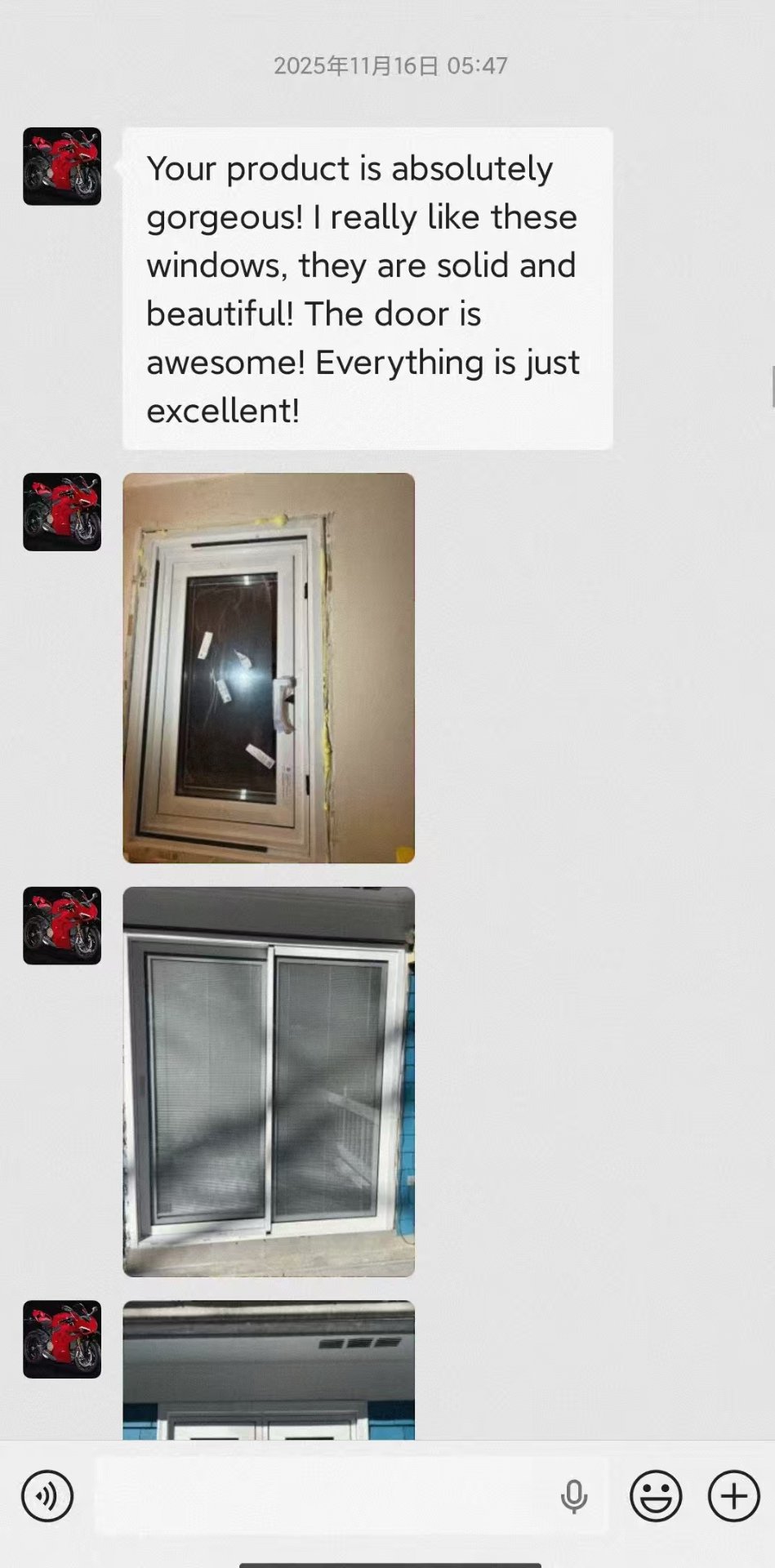 WhatsApp review from a villa owner on a full-house aluminum windows and doors package