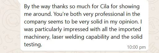 WhatsApp feedback from a client after visiting the FUSON aluminum window factory
