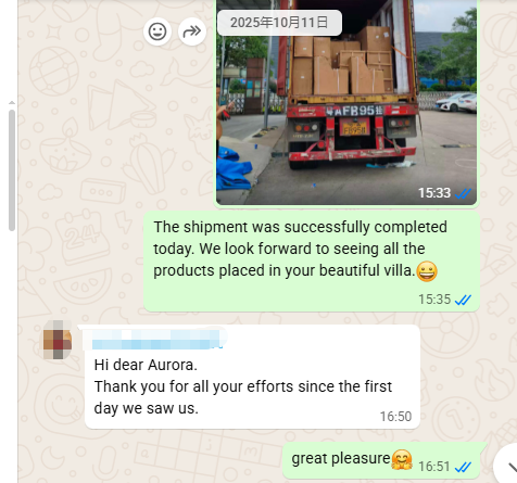 WhatsApp feedback from a villa project client on shipment and on-time delivery