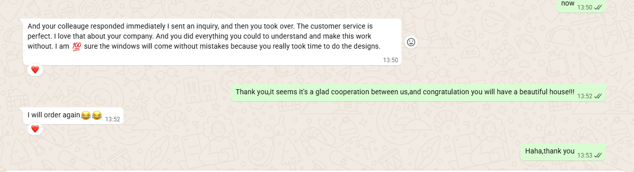 WhatsApp feedback from a repeat buyer homeowner on custom aluminum window design
