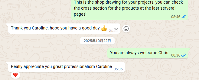 WhatsApp chat with a builder on shop drawing approval and technical support