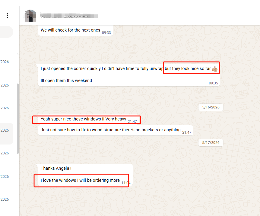 WhatsApp review from a homeowner on renovation aluminum windows