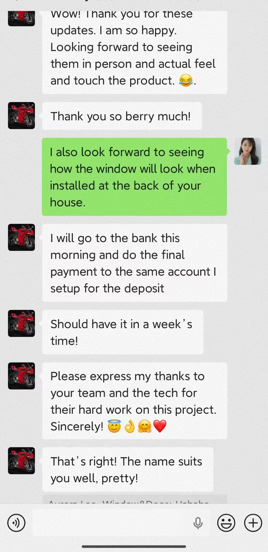 WhatsApp message from a project owner confirming a custom aluminum window order